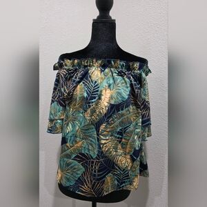 Tropical Off-Shoulder Blouse - Green and Gold